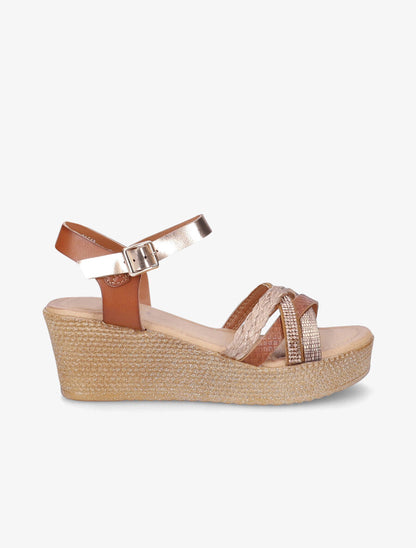 Sandales compensées à bride multi-matières - Camel - 1