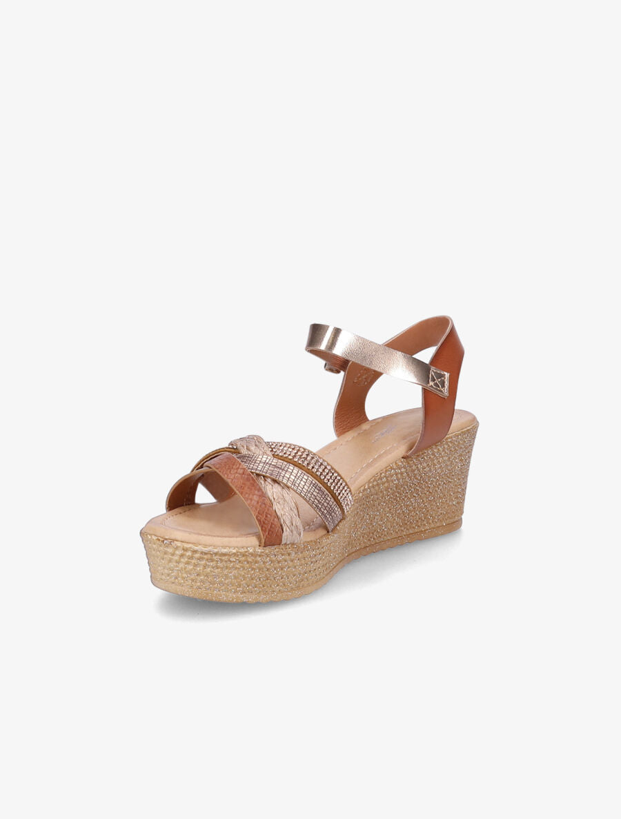 Sandales compensées à bride multi-matières - Camel - 3