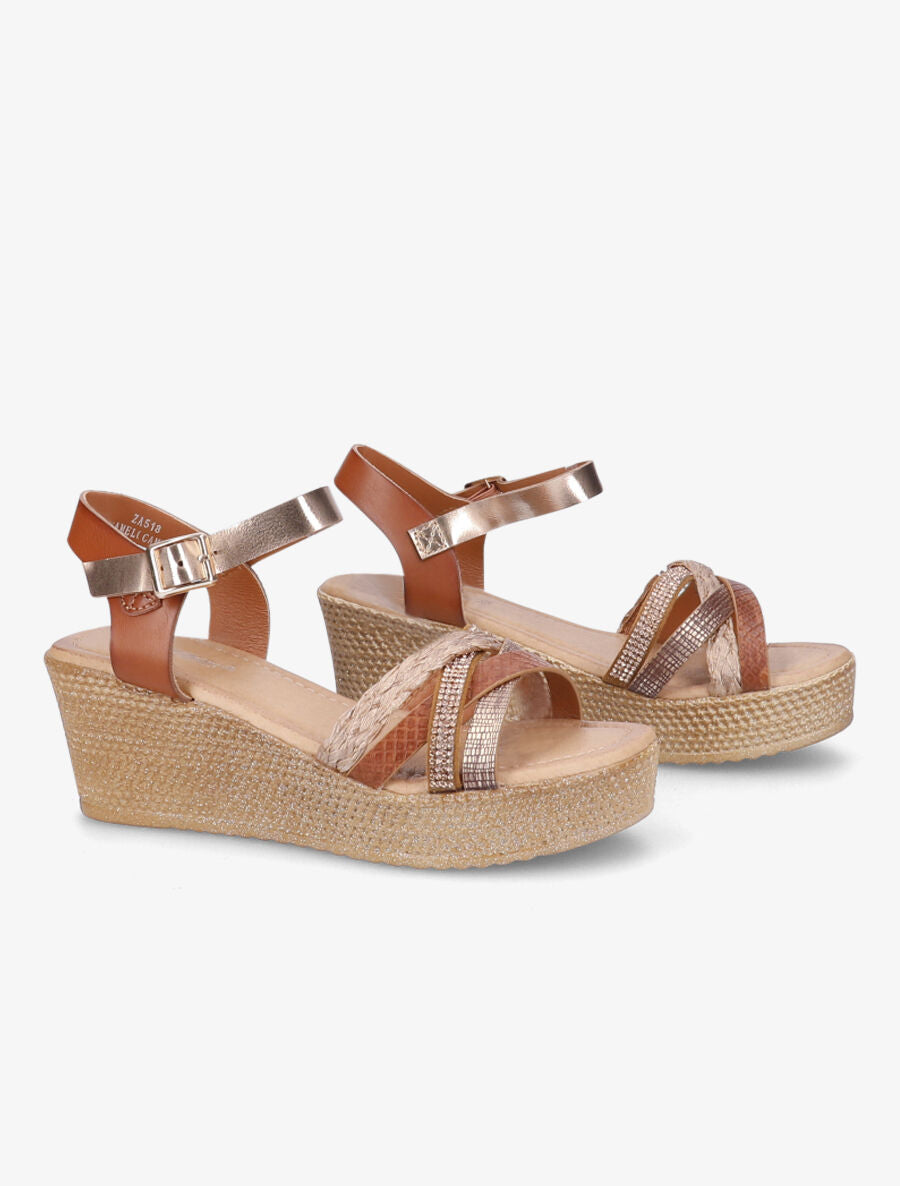 Sandales compensées à bride multi-matières - Camel - 4