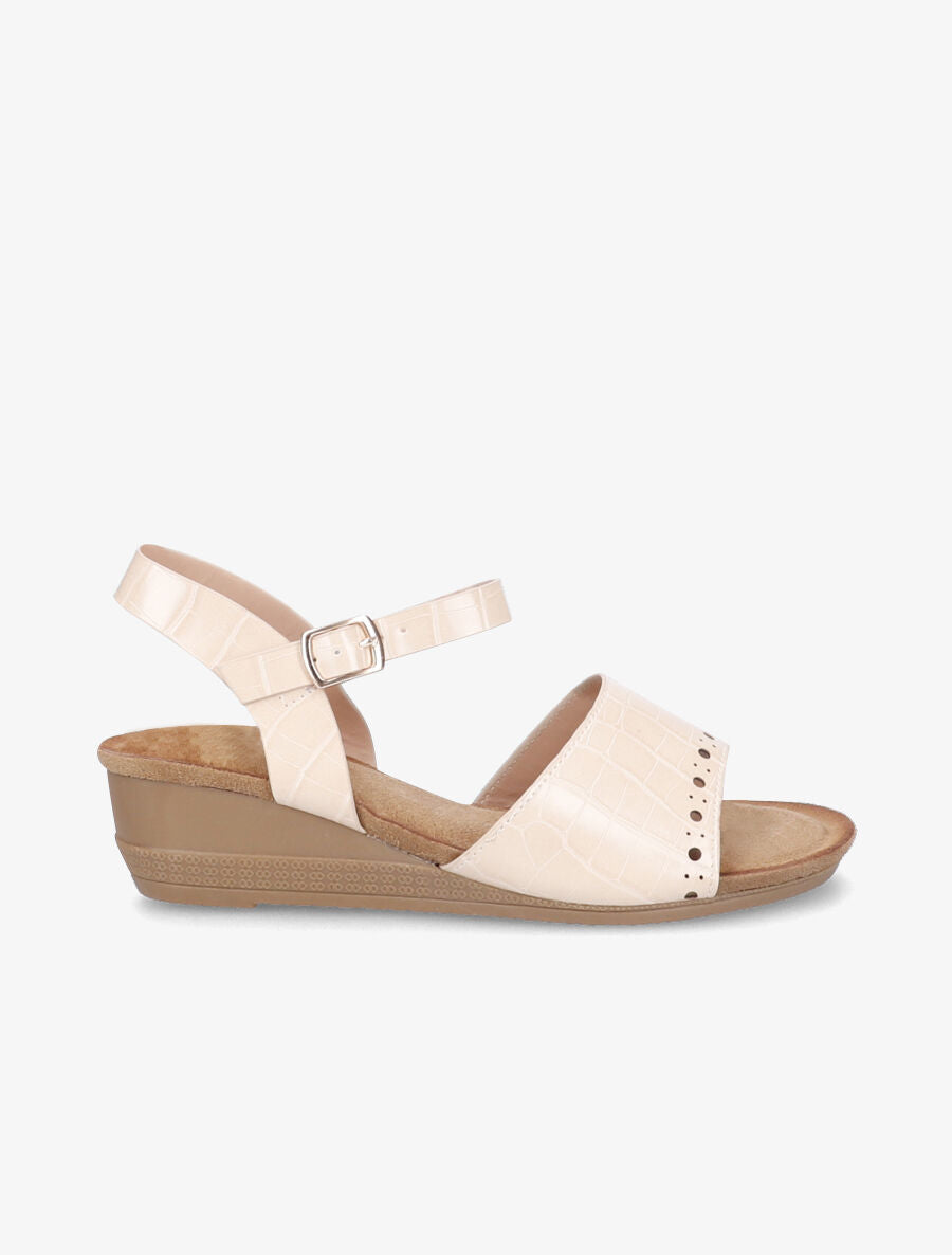 Sandales compensées à bride perforée effet croco - Beige - 5