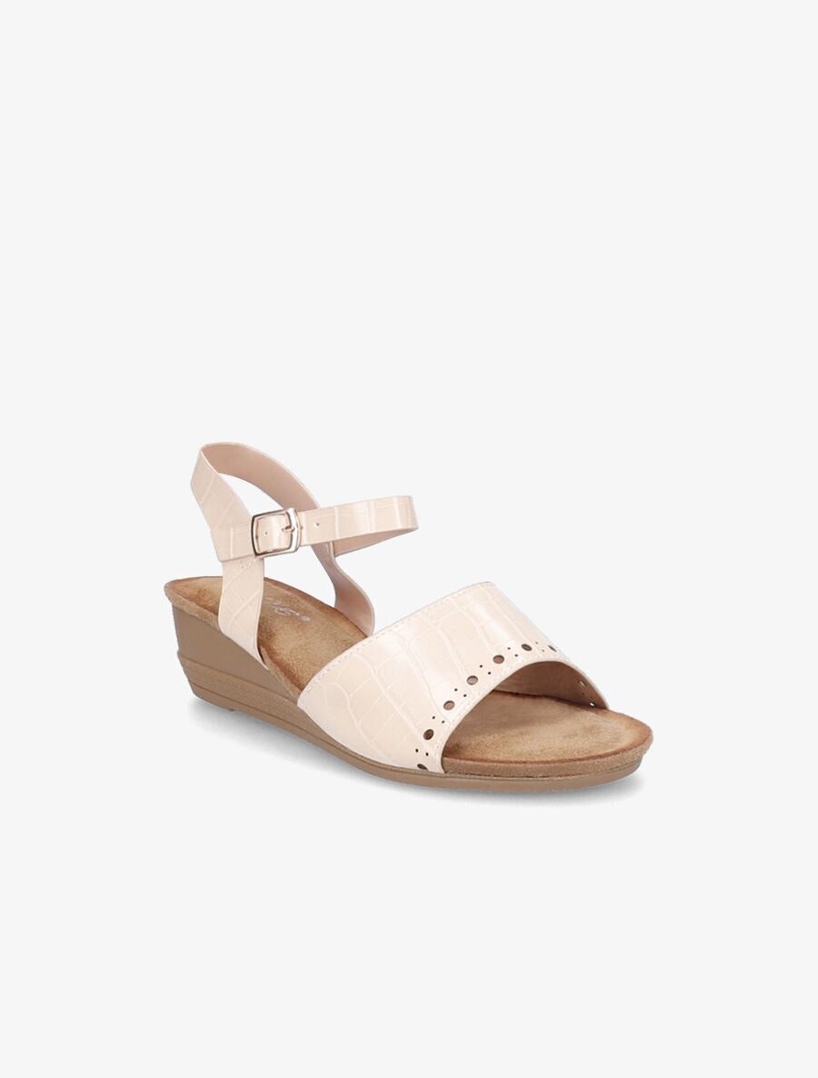 Sandales compensées à bride perforée effet croco - Beige - 2