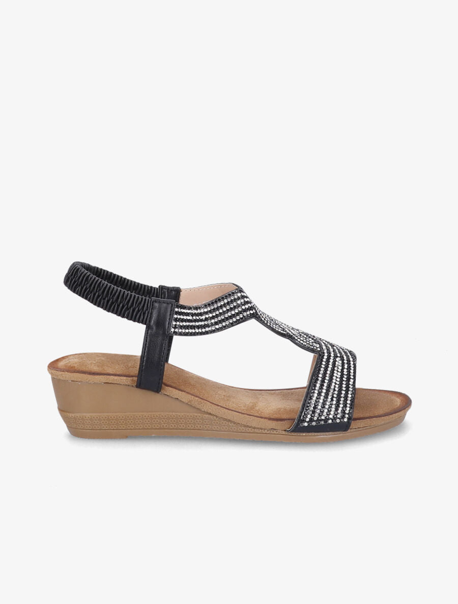 Sandales compensées à bride en T stylisée à strass - Noir - 1