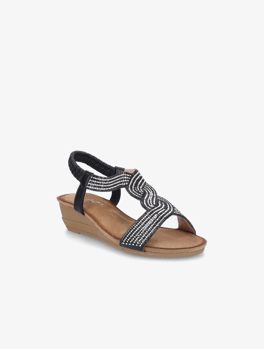 Sandales compensées à bride en T stylisée à strass - Noir - 2