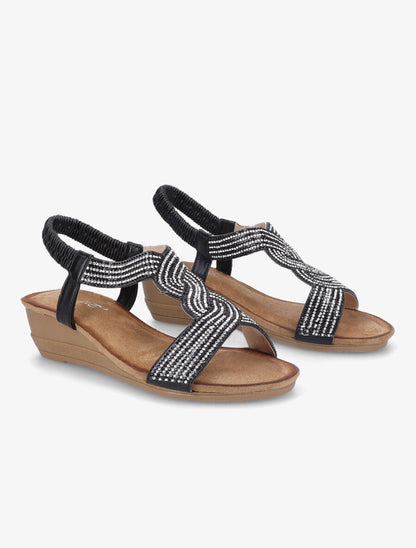 Sandales compensées à bride en T stylisée à strass - Noir - 4