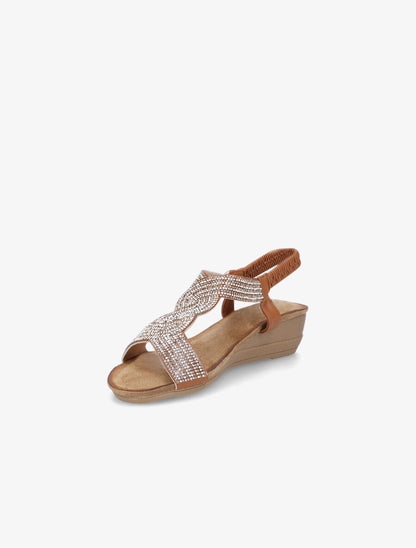 Sandales compensées à bride en T stylisée à strass - Camel - 3