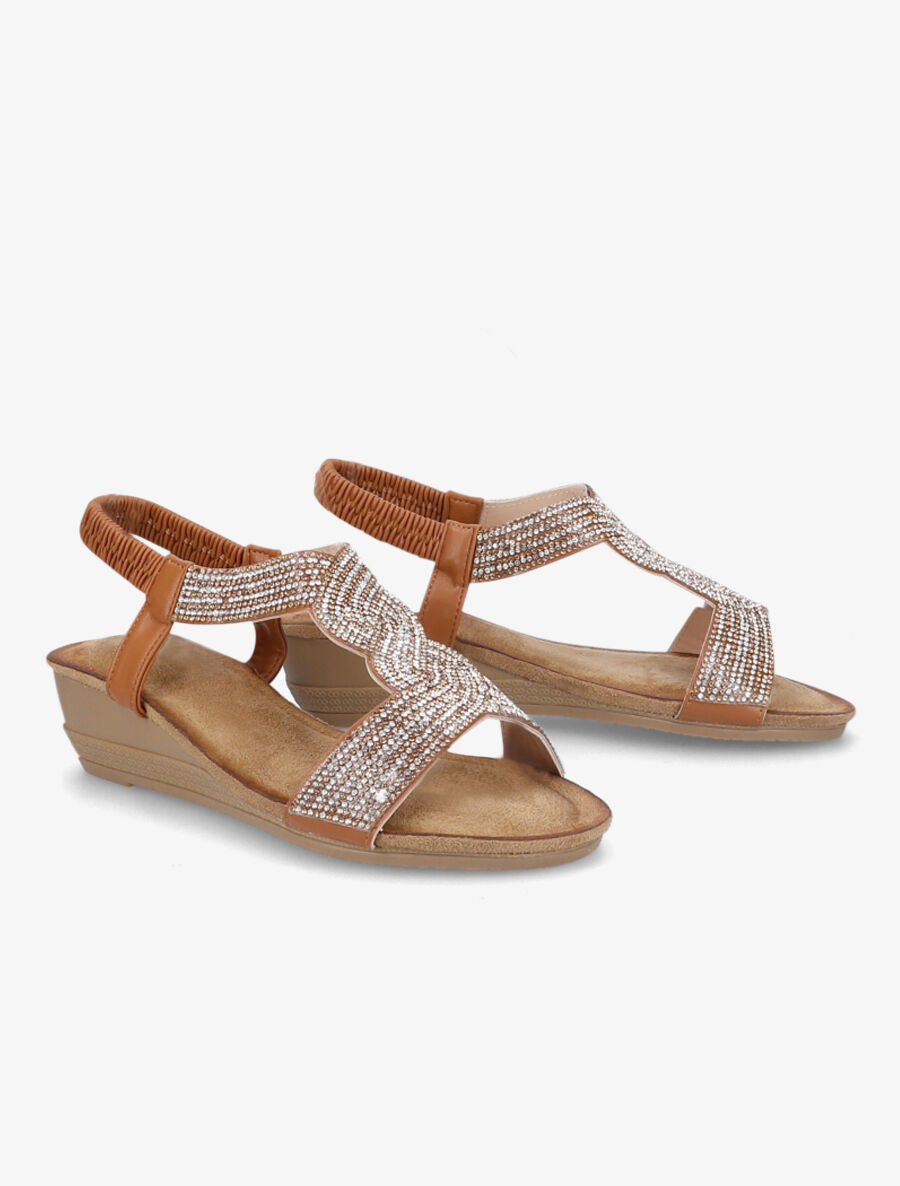 Sandales compensées à bride en T stylisée à strass - Camel - 4