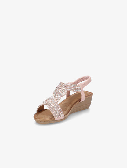 Sandales compensées à bride en T stylisée à strass - Rose - 3