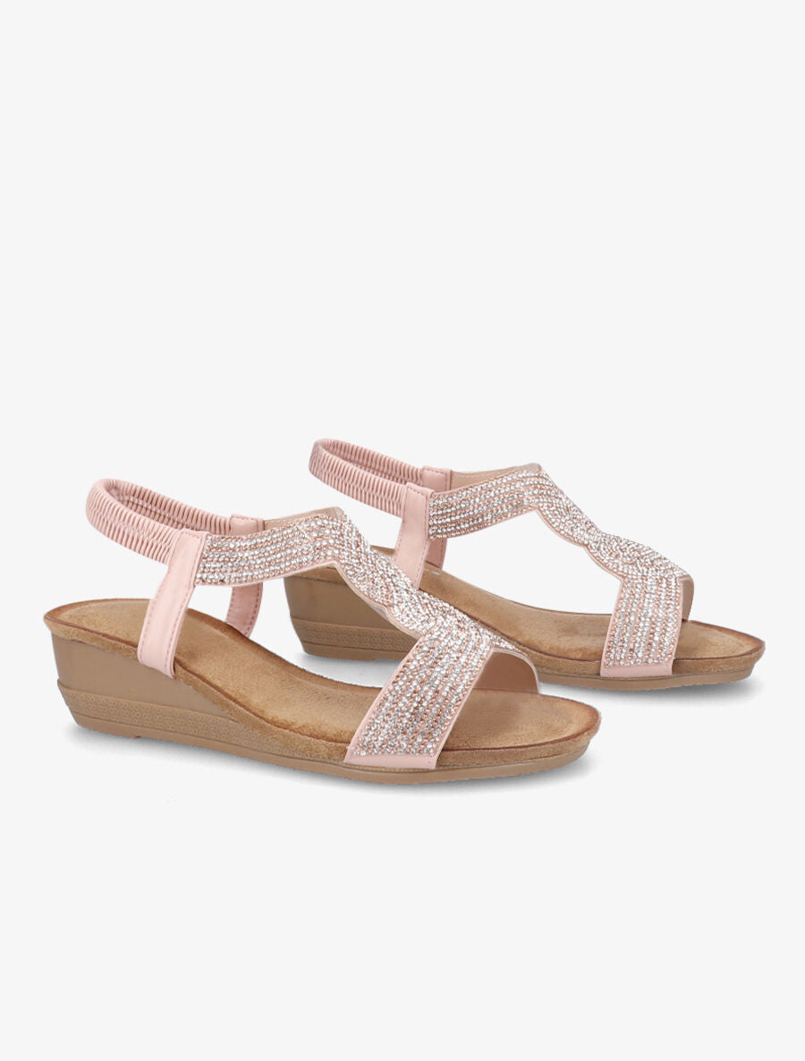 Sandales compensées à bride en T stylisée à strass - Rose - 4