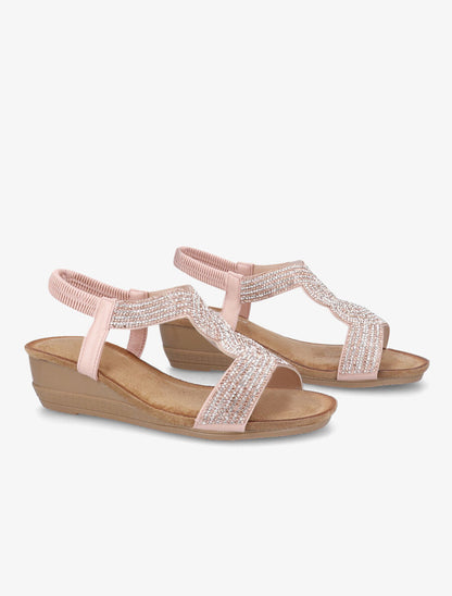 Sandales compensées à bride en T stylisée à strass - Rose - 4