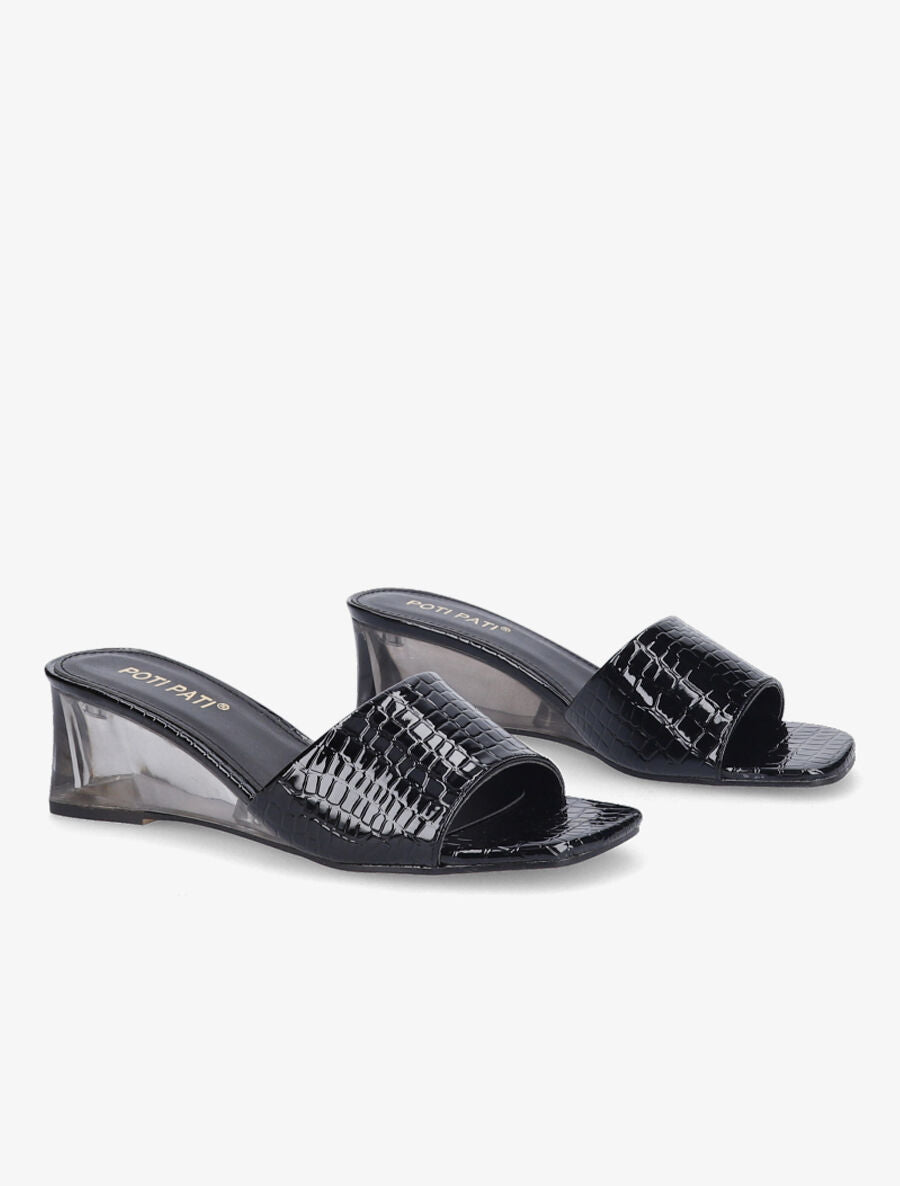 Mules effet croco à talons compensés transparents - Noir - 4