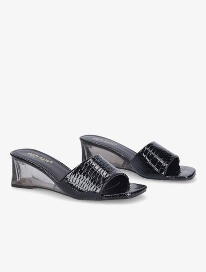 Mules effet croco à talons compensés transparents - Noir - 4