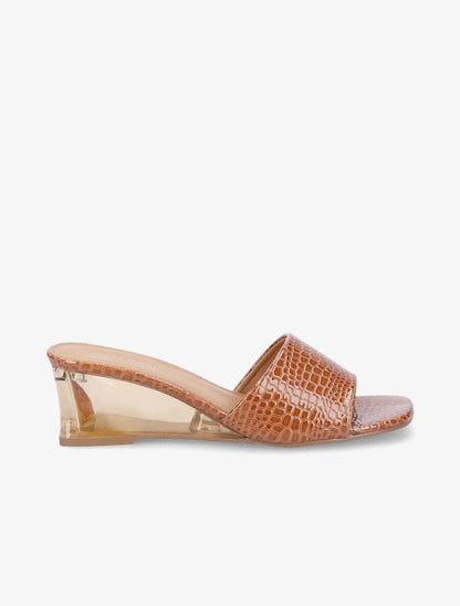 Mules effet croco à talons compensés transparents - Camel - 1