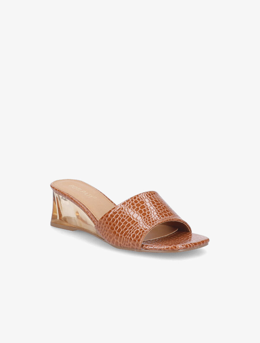 Mules effet croco à talons compensés transparents - Camel - 2