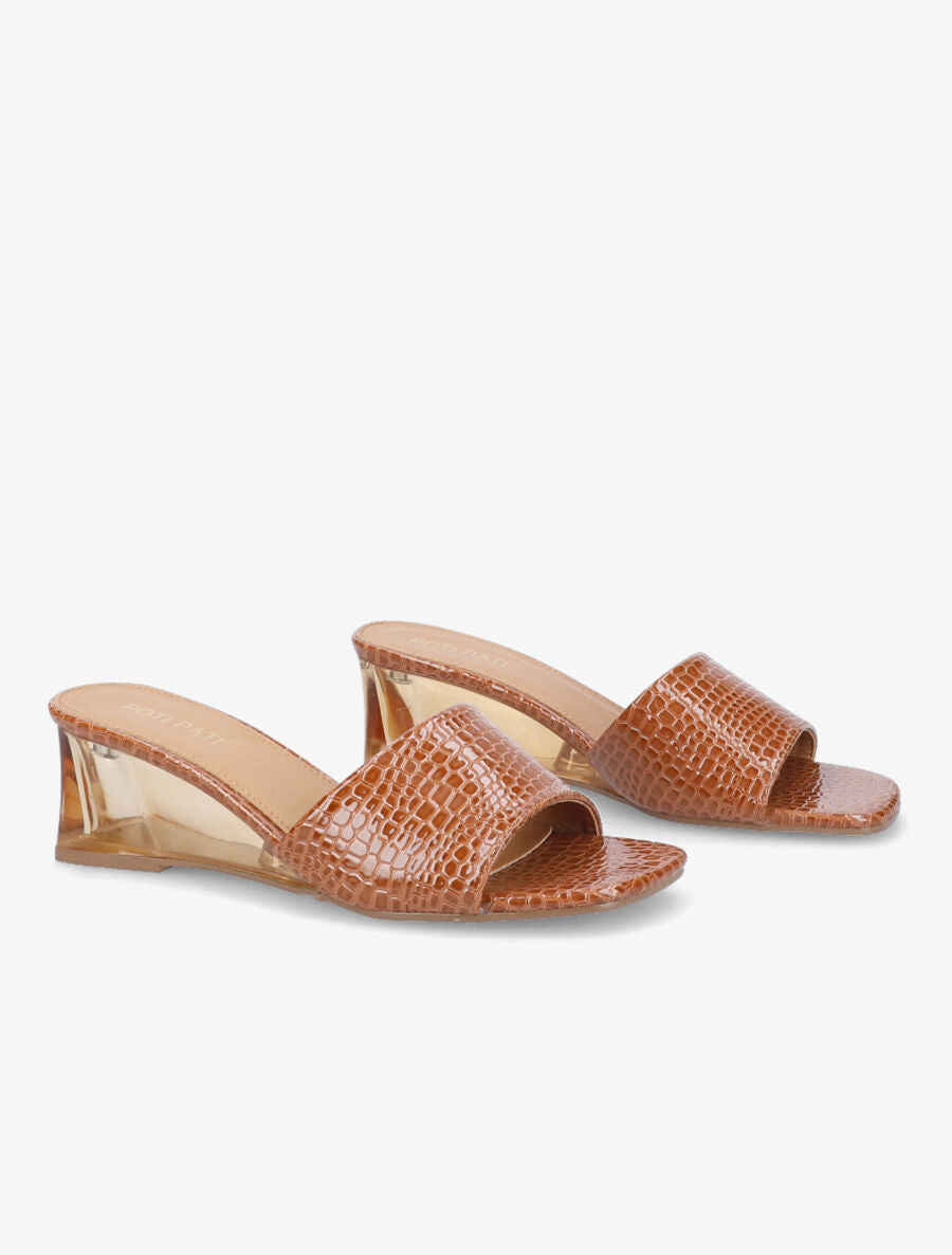 Mules effet croco à talons compensés transparents - Camel - 4