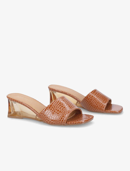 Mules effet croco à talons compensés transparents - Camel - 4