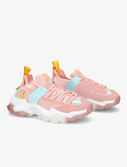 Sneakers en toile à lacets et semelles stylisées - Rose - 4