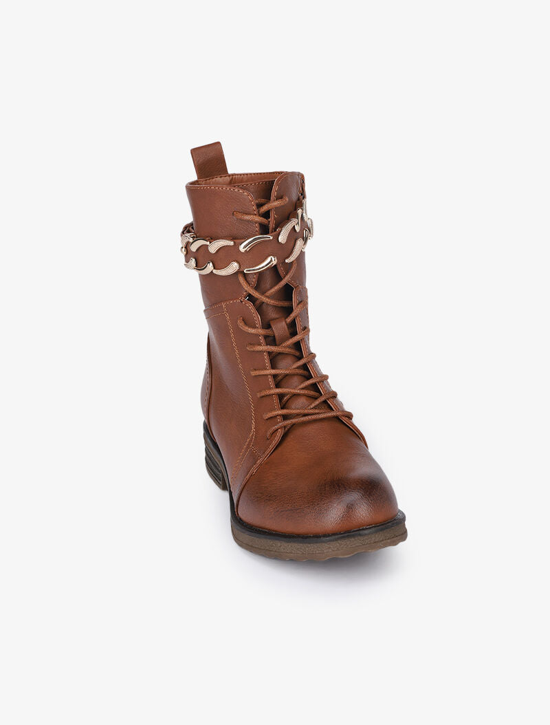 Boots lacées à lanières style chaîne - Camel - 3