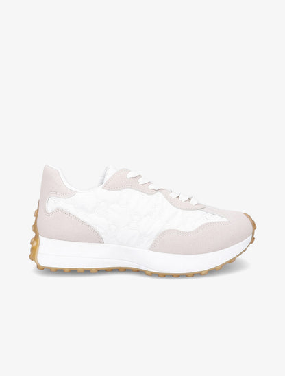 Running en suédine et tissu brodé - Blanc/beige - 1