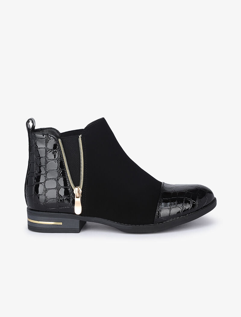 Bottines à contreforts et bouts effet croco vernis - Noir - 3