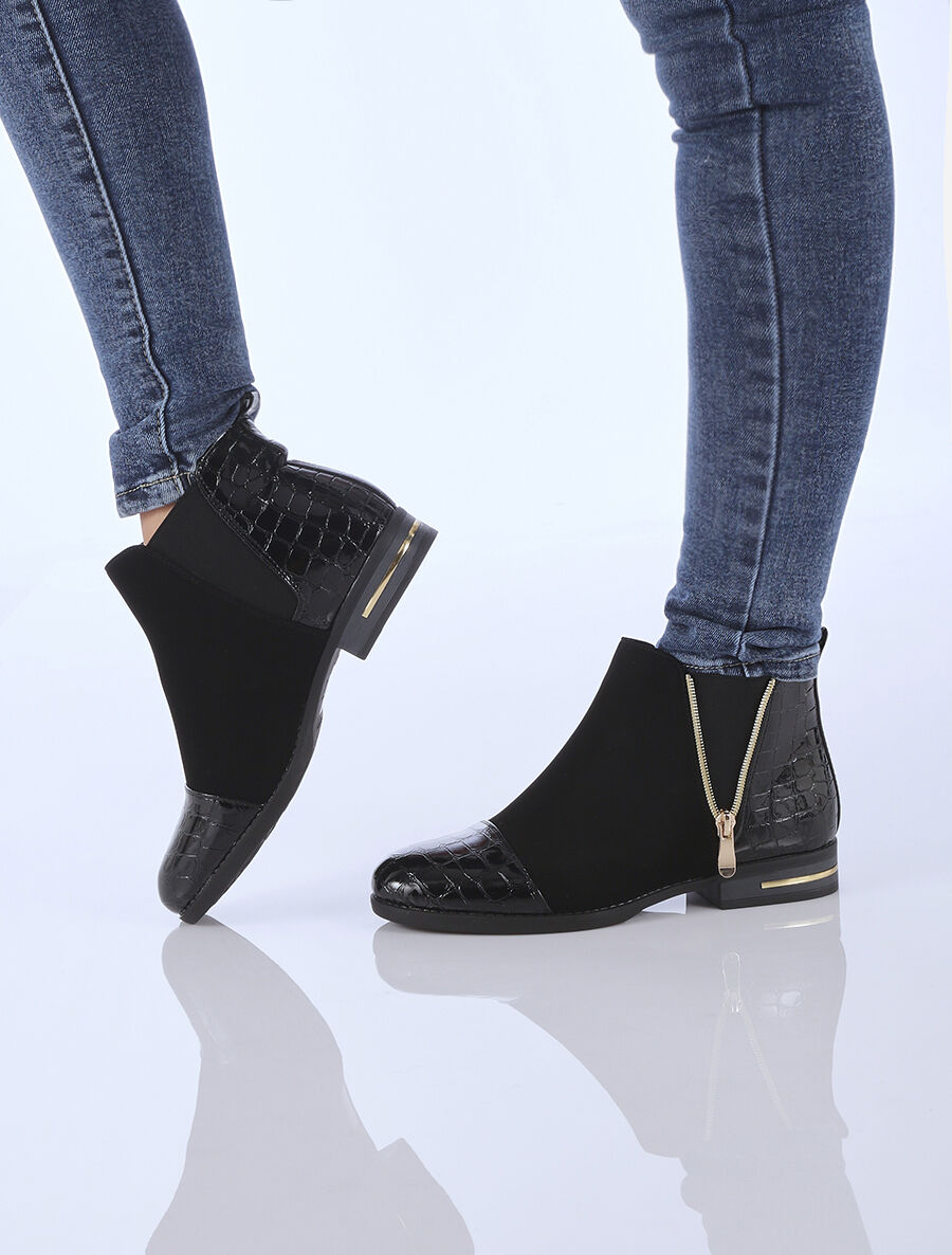 Bottines à contreforts et bouts effet croco vernis - Noir - 8