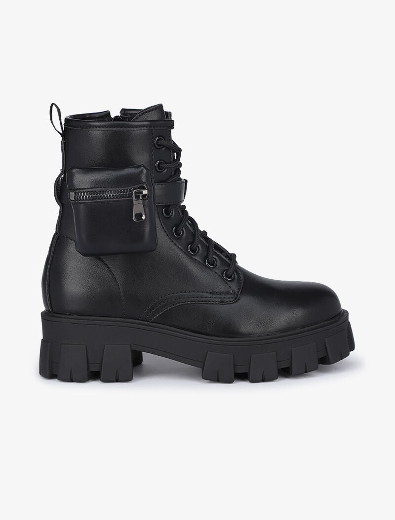 Boots style militaire à lanières à pochette - Noir - 2