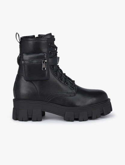 Boots style militaire à lanières à pochette - Noir - 2