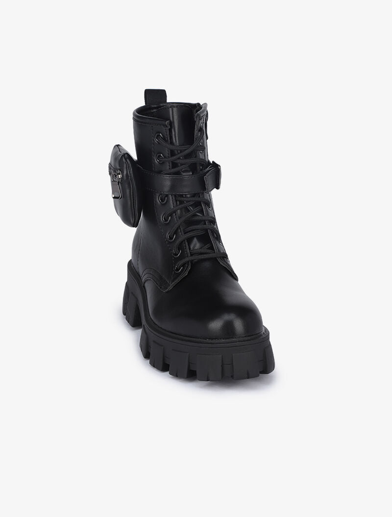 Boots style militaire à lanières à pochette - Noir - 3