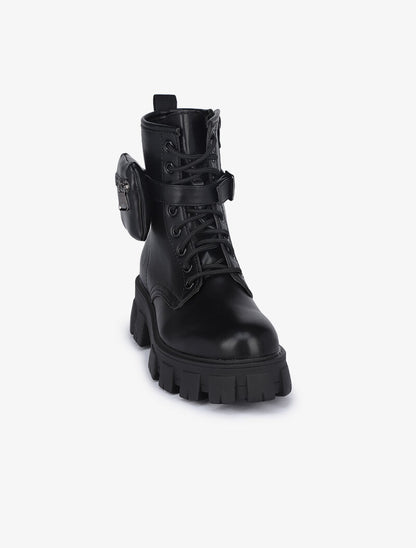 Boots style militaire à lanières à pochette - Noir - 3