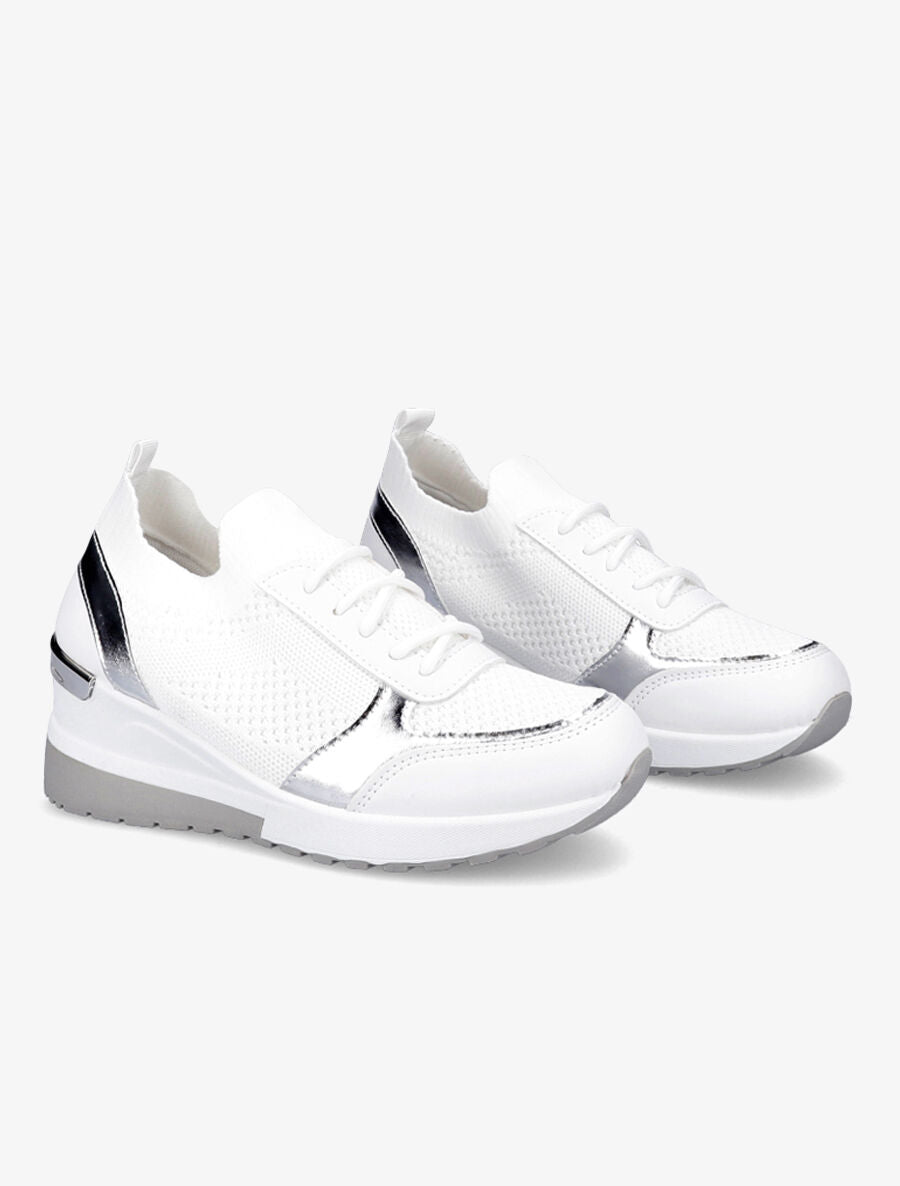 Baskets compensées en simili et mesh - Blanc - 4