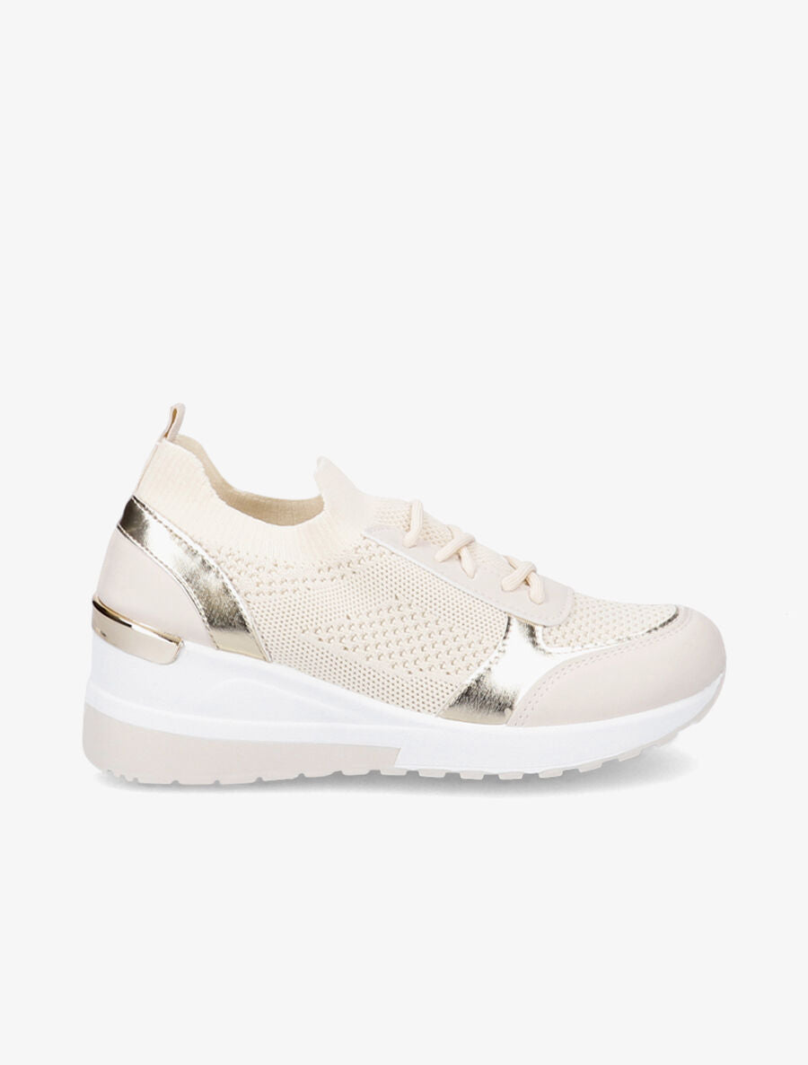 Baskets compensées en simili et mesh - Beige - 1
