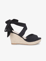 Espadrilles à talons compensés et liens en suédine - Noir - 1