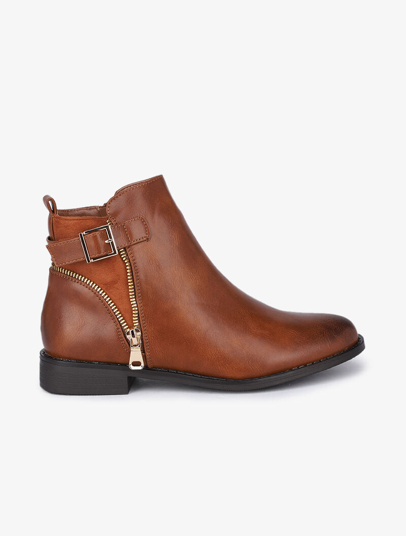 Bottines à détail zip et sangle - Camel - 2