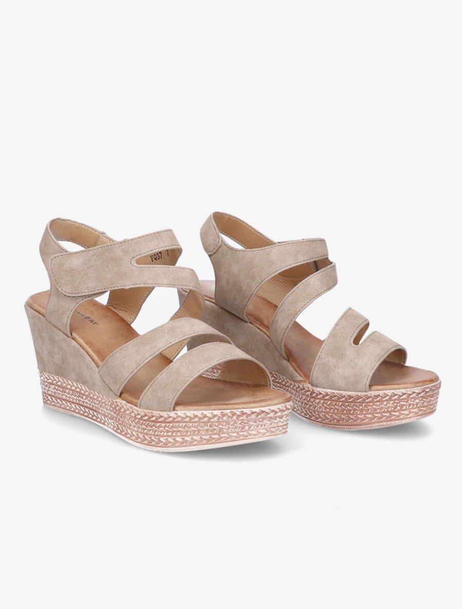 Sandales compensées à brides scratchées - Kaki - 4