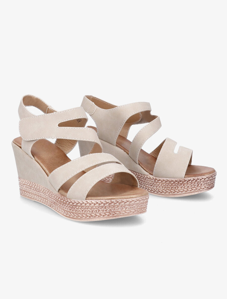Sandales compensées à brides scratchées - Beige - 4