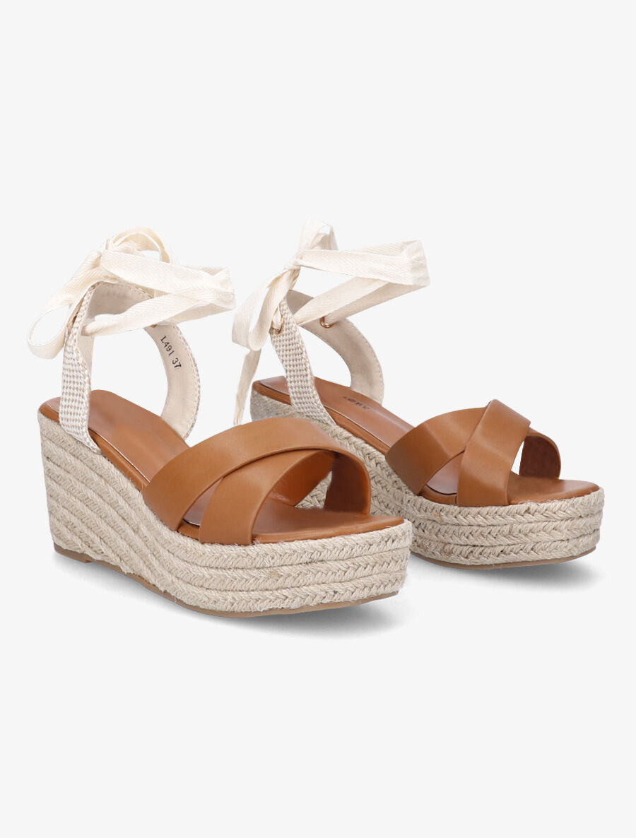 Sandales compensées en simili style espadrille - Camel - 4