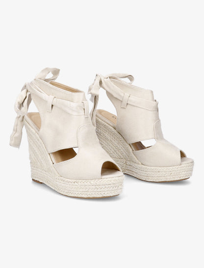 Sandales compensées en suédine à liens - Beige - 4
