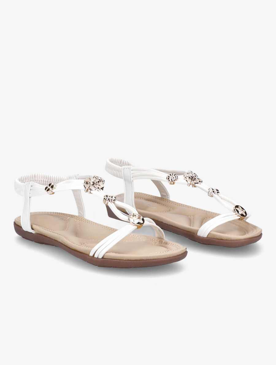 Nu-pieds à détail bijoux trèfles à quatre feuilles et contrefort élastiqué - Blanc - 4