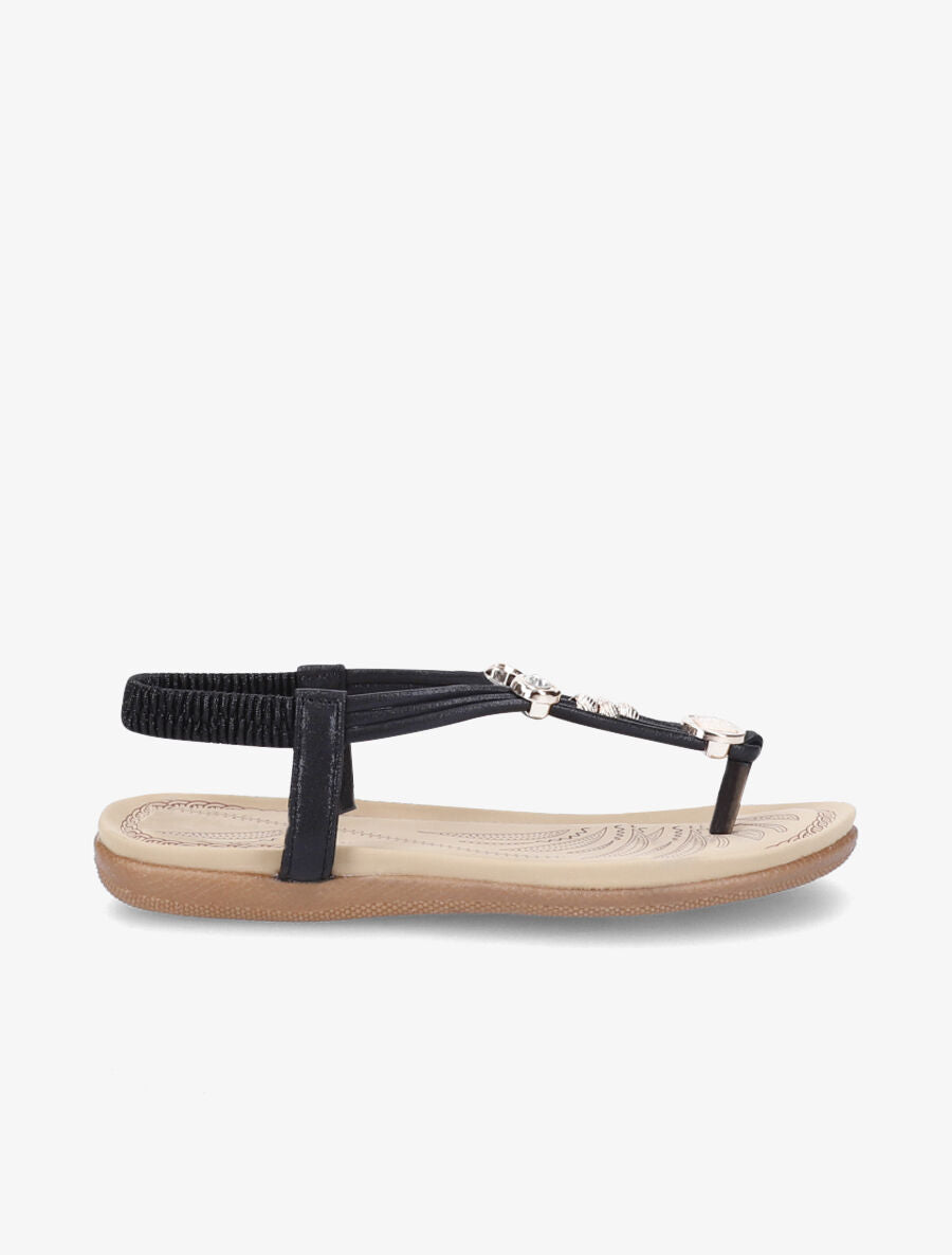 Nu-pieds à détail bijoux strassés et contrefort élastiqué - Noir - 3