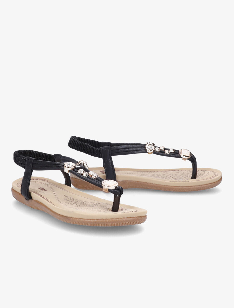 Nu-pieds à détail bijoux strassés et contrefort élastiqué - Noir - 4