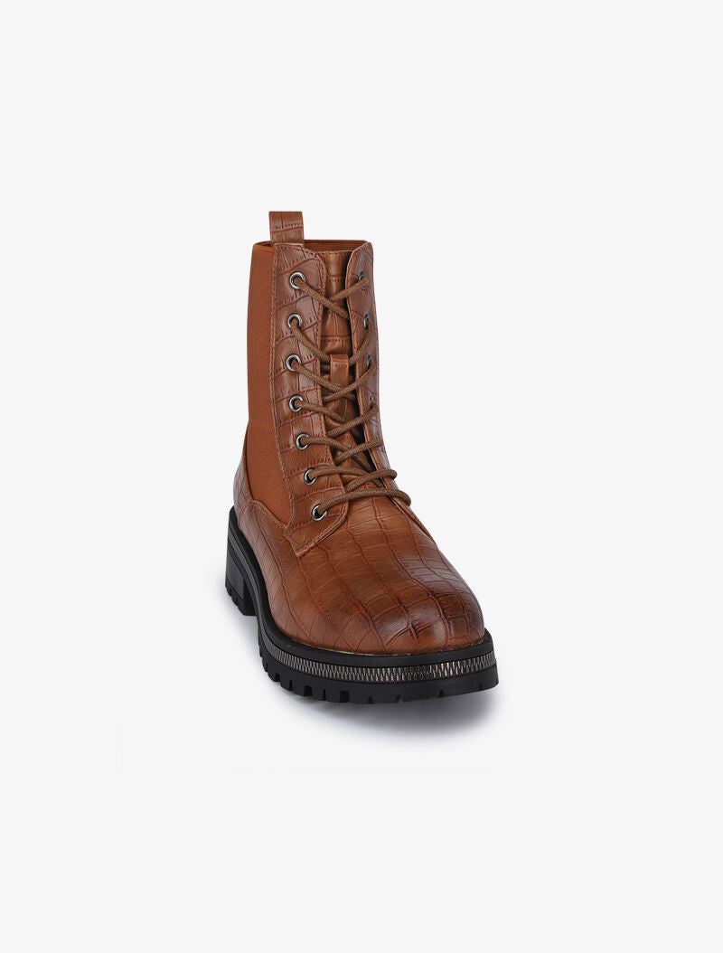 Bottines à lacets effet croco - Camel - 3