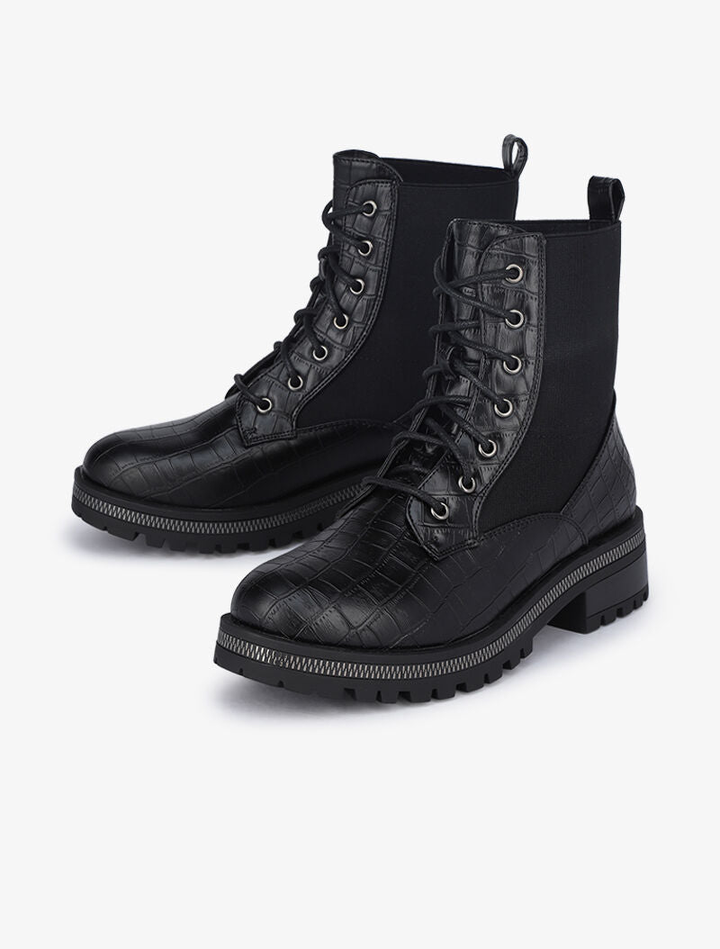 Bottines à lacets effet croco - Noir - 1