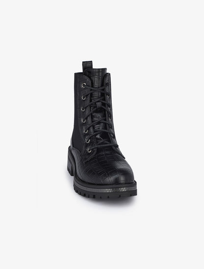 Bottines à lacets effet croco - Noir - 3