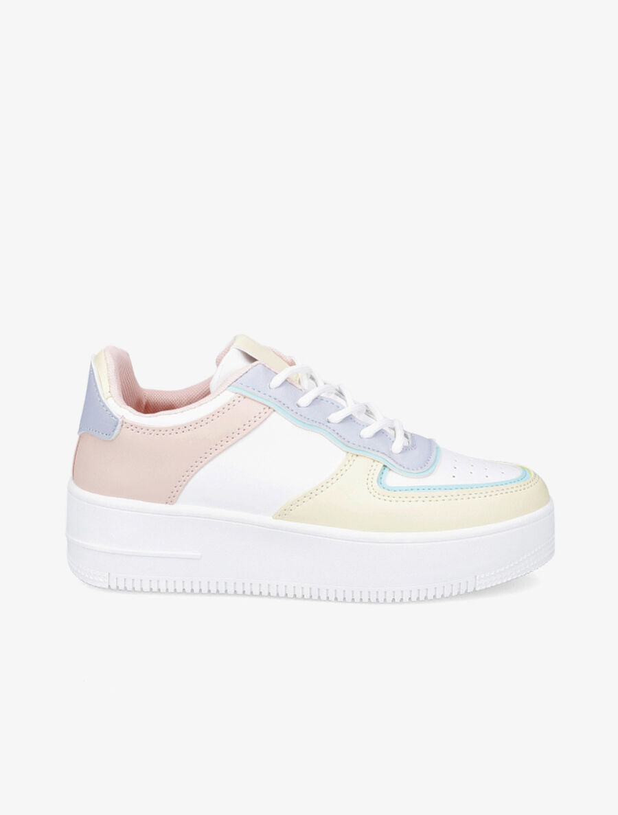 Baskets en simili à semelle plateforme - Jaune/rose - 5