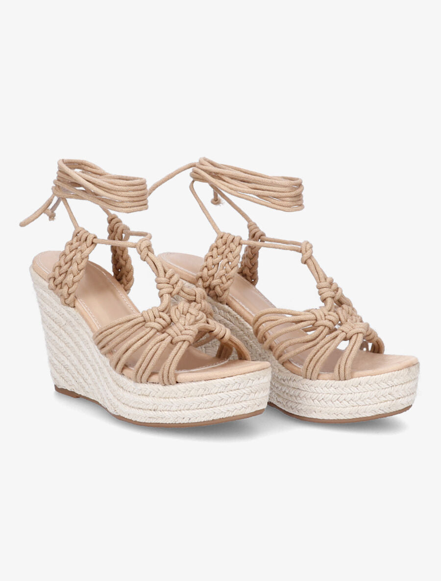 Sandales compensées en raphia et à lacets - Taupe - 4