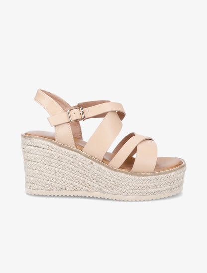 Sandales croisées à talon compensé - Beige - 1