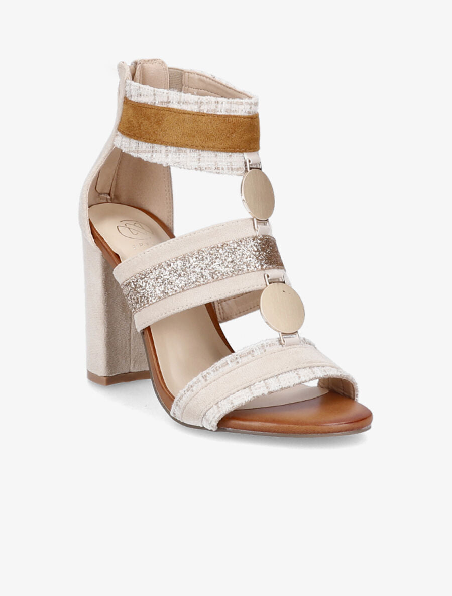 Sandales à bandes pailletée et tweed - Beige - 2