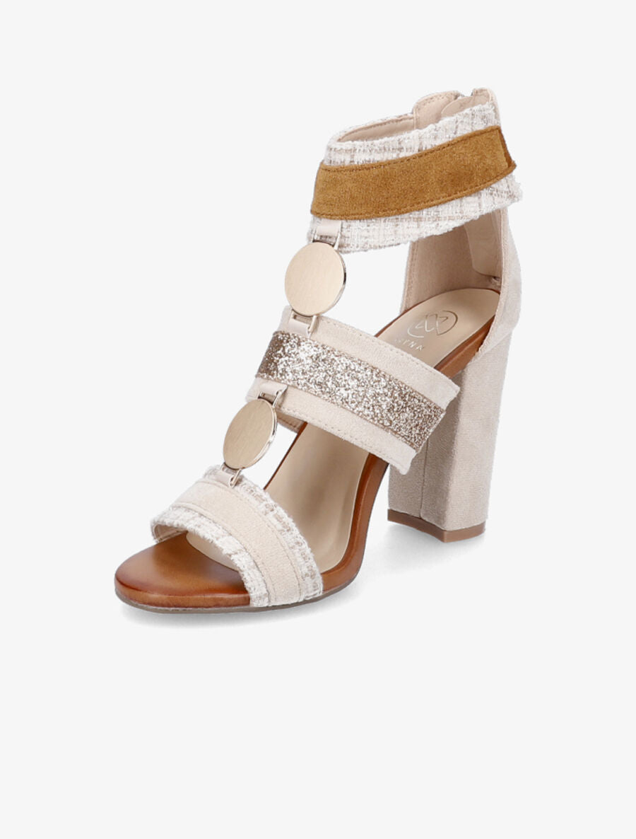 Sandales à bandes pailletée et tweed - Beige - 3