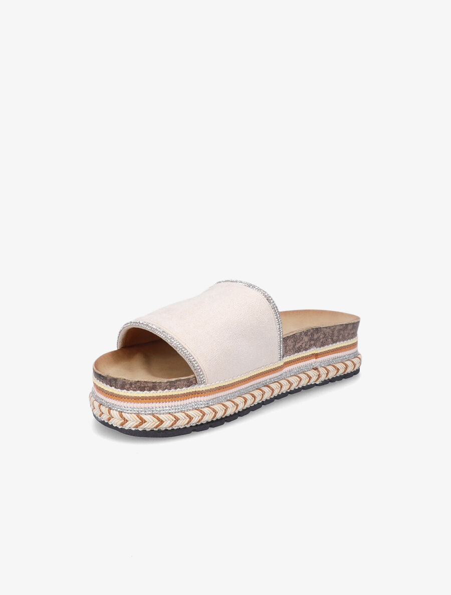 Claquettes à strass et semelle stylisée - Beige - 3