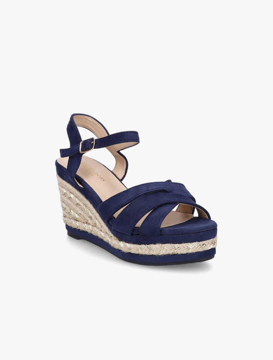 Sandales à talon compensé en raphia irisé - Marine - 2