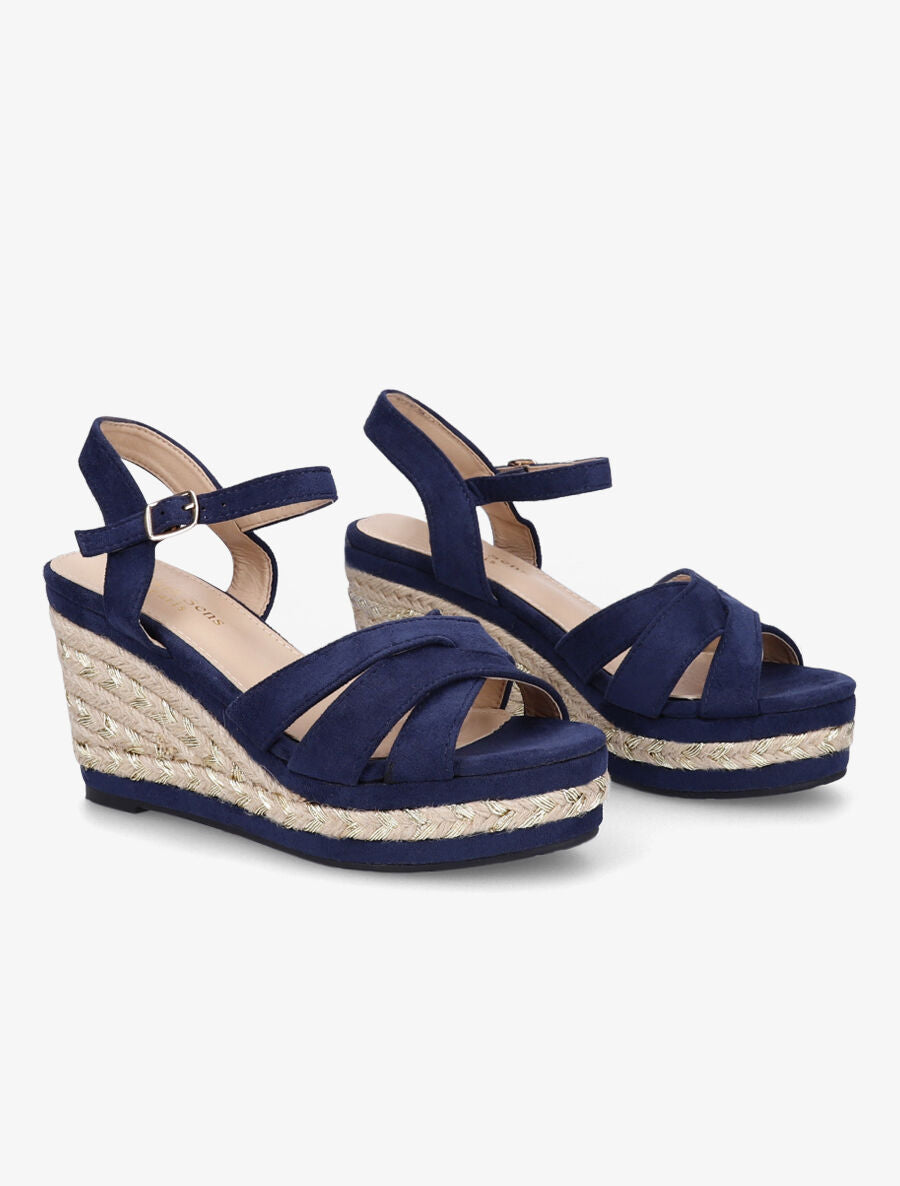 Sandales à talon compensé en raphia irisé - Marine - 4